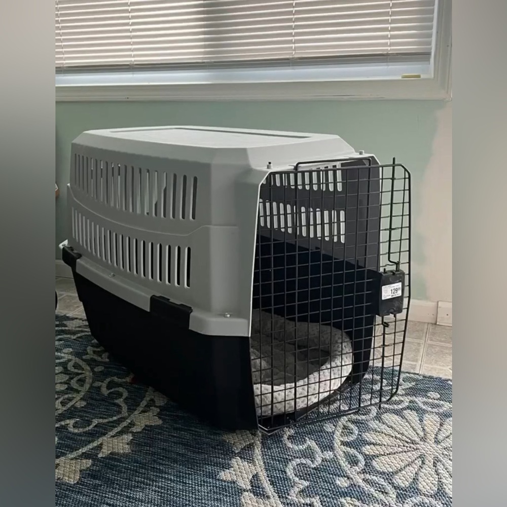 Dog crate, bedding in the crate, and trunk cover for dogs